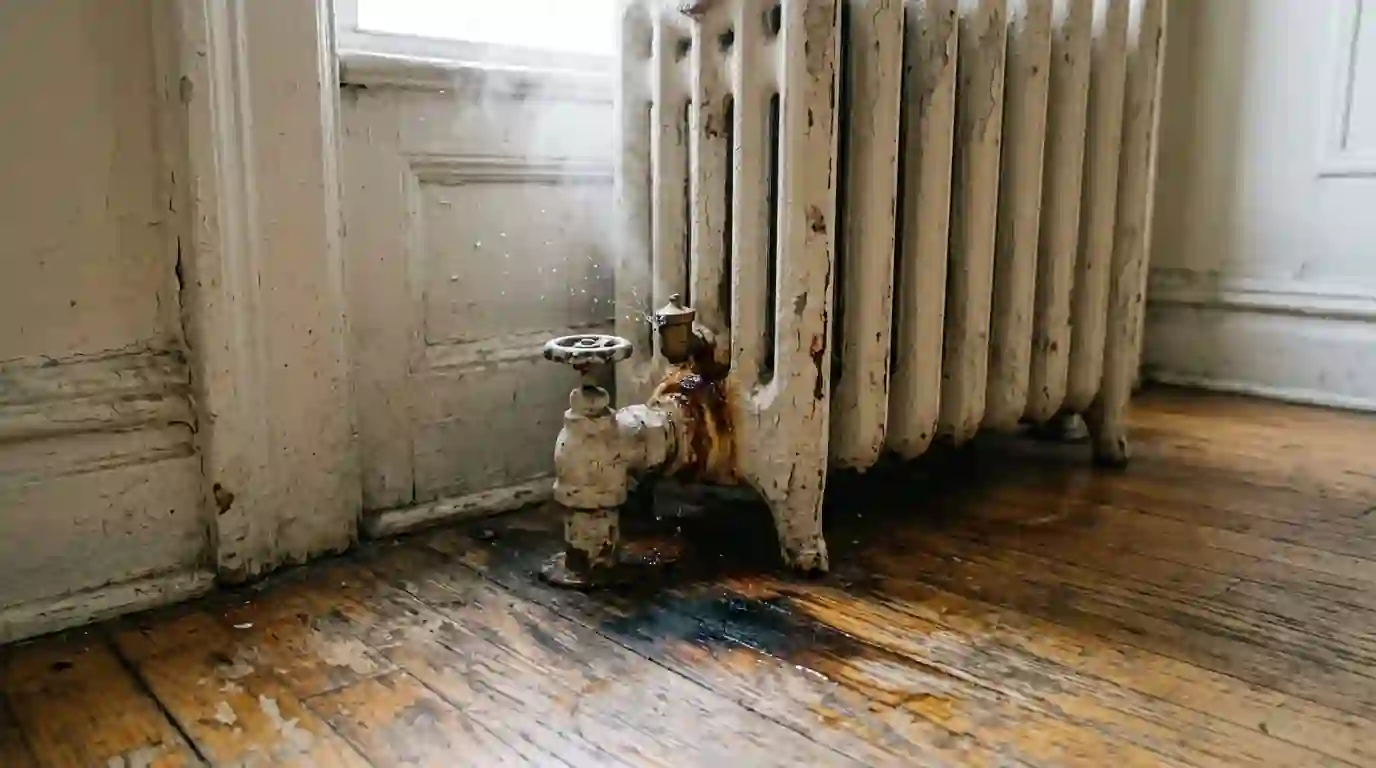 Water stain under a steam radiator with a spitting air vent