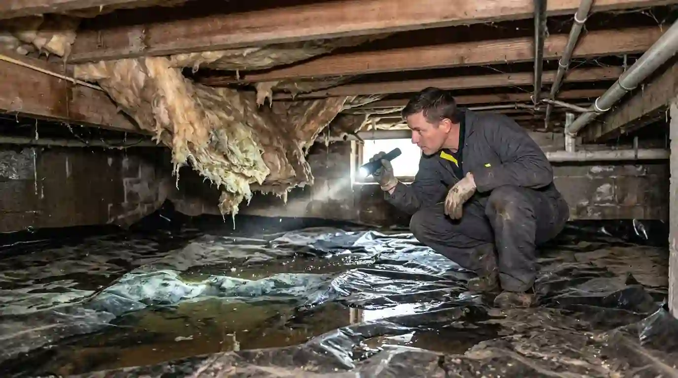 Flooded crawl space with sagging wet insulation