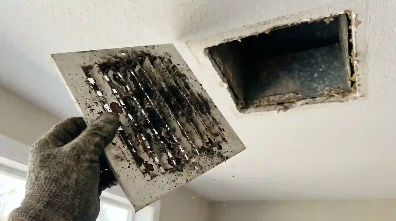 Soot-covered vent register removed from a duct