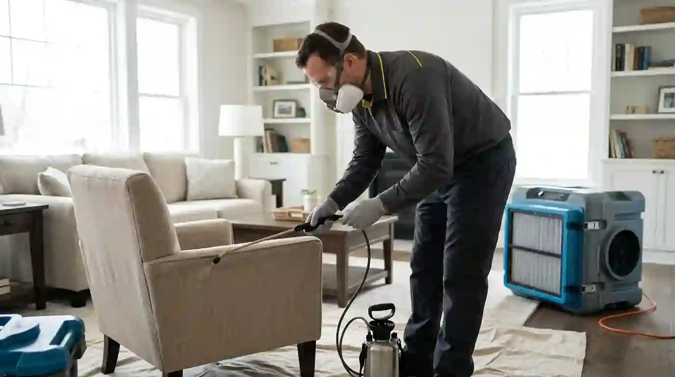 Odor treatment in a living room after smoke cleaning