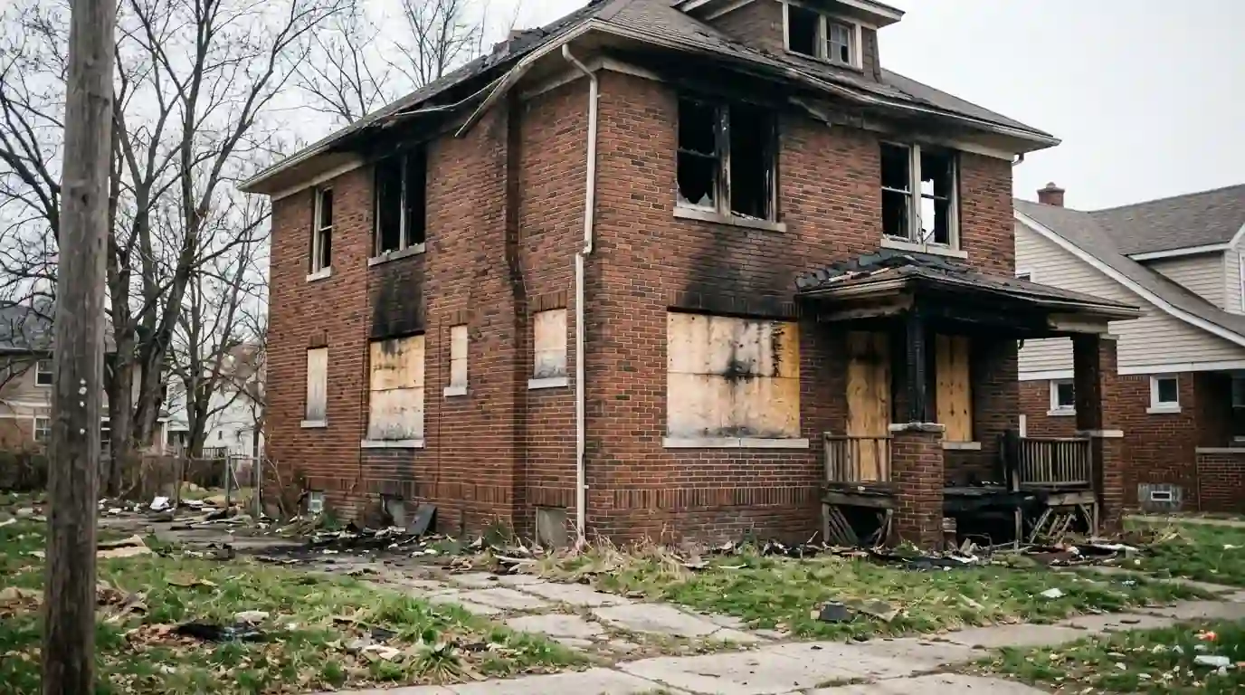 Fire-damaged house with boarded windows