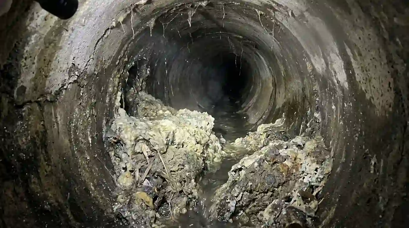 Sewer pipe blocked by grease buildup