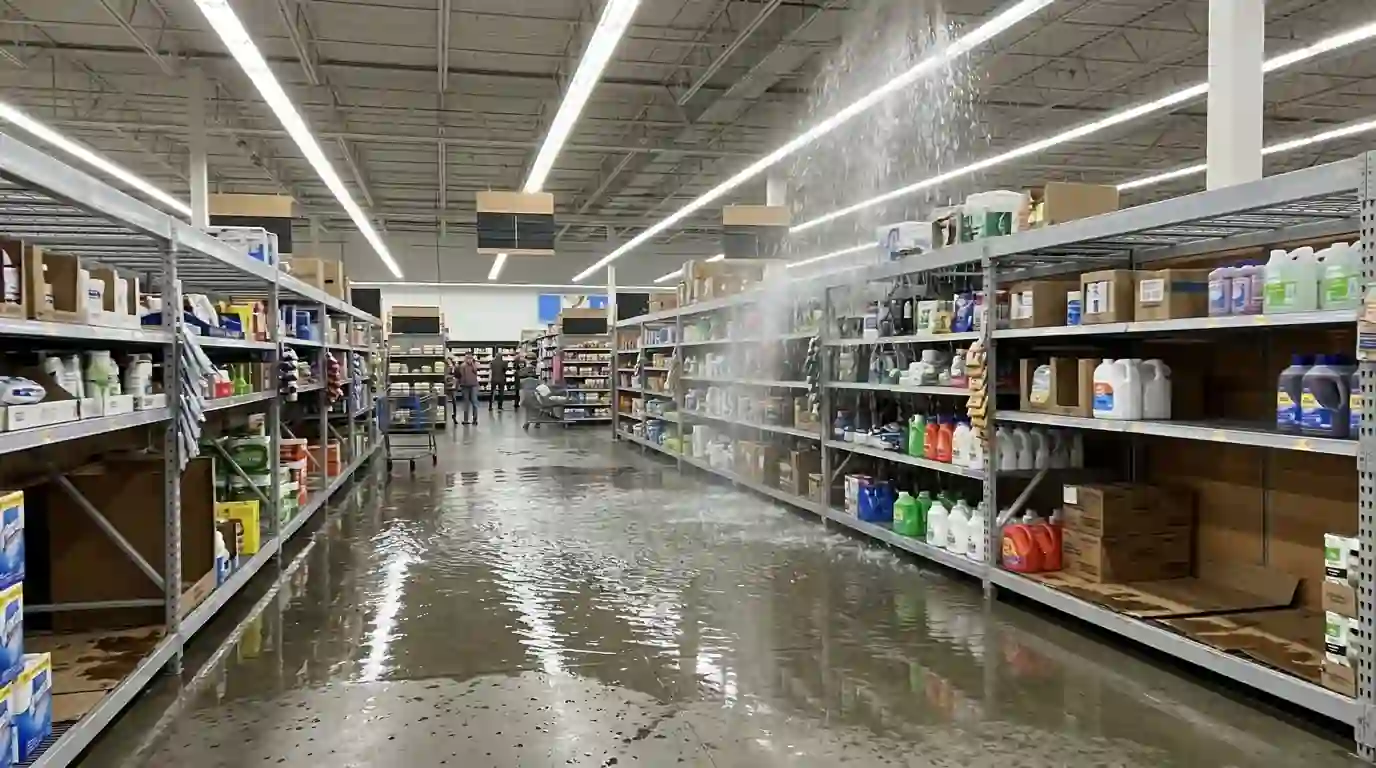 Water spreading across a store floor after a sprinkler head broke