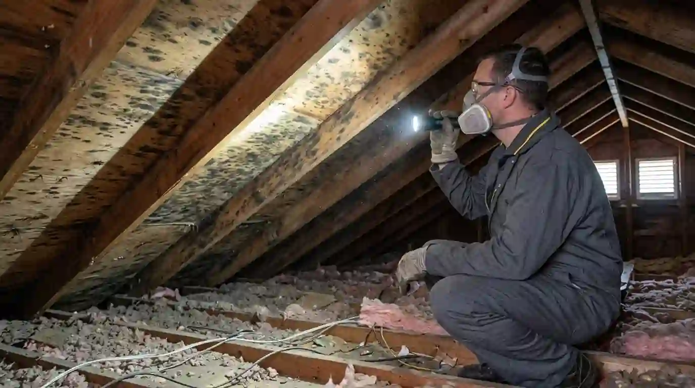 Mold on attic roof sheathing lit by a flashlight
