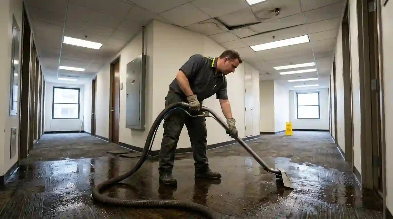 Sprinkler water pooled in an office corridor below a fused head