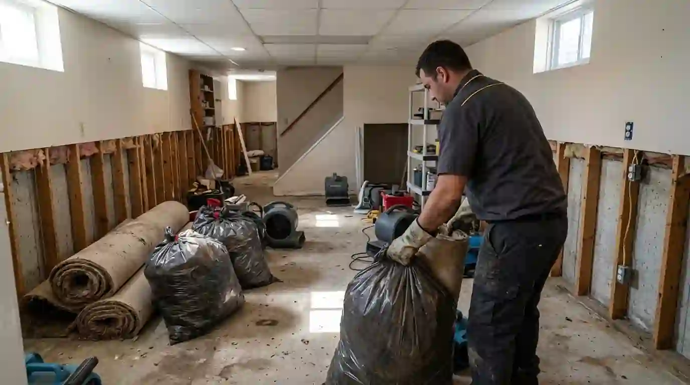 Cleaning up a sewer backup in a Bayside basement
