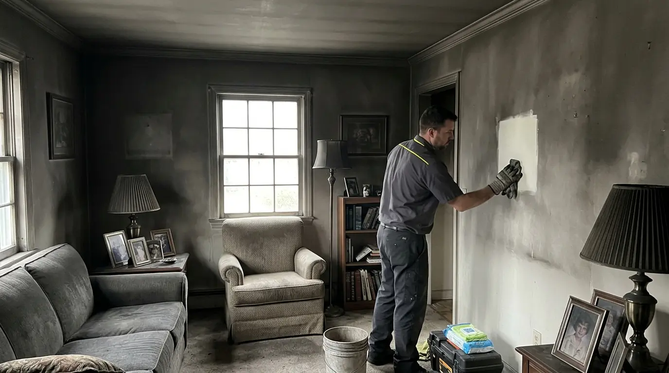 Soot cleanup in a Nassau County living room