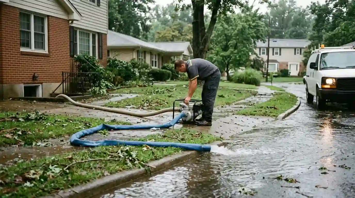 Pumping out a basement after a storm in Brookhaven