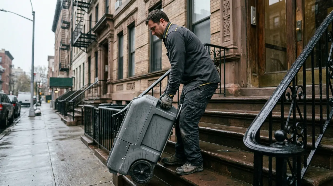 Technician carrying a dehumidifier up a wet stoop in Manhattan