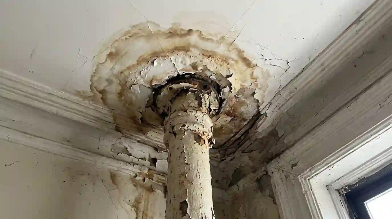 Water stain around a steam riser at the ceiling