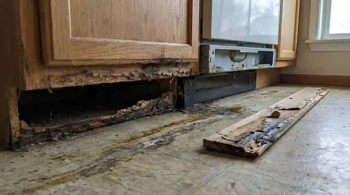 Swollen cabinet base under a leaking dishwasher