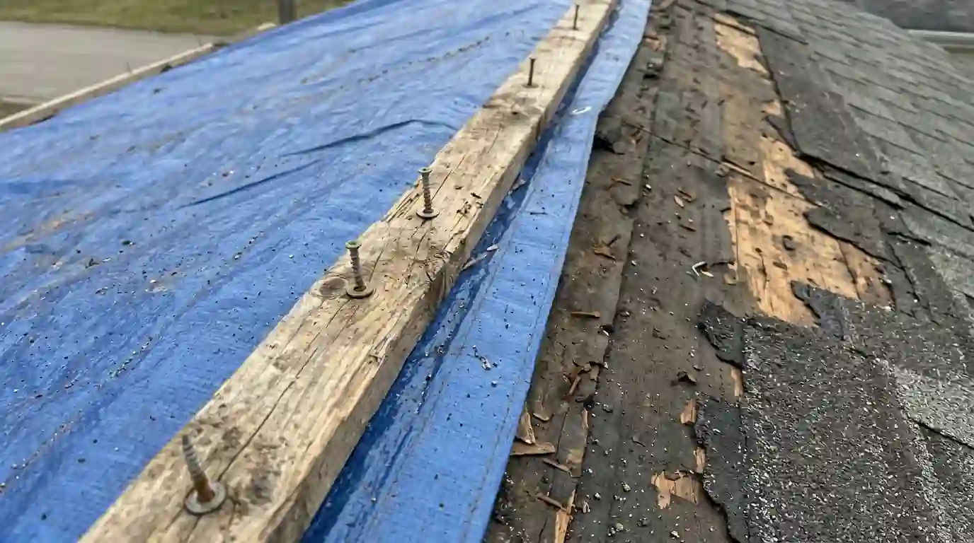 Wood battens securing a roof tarp along the ridge