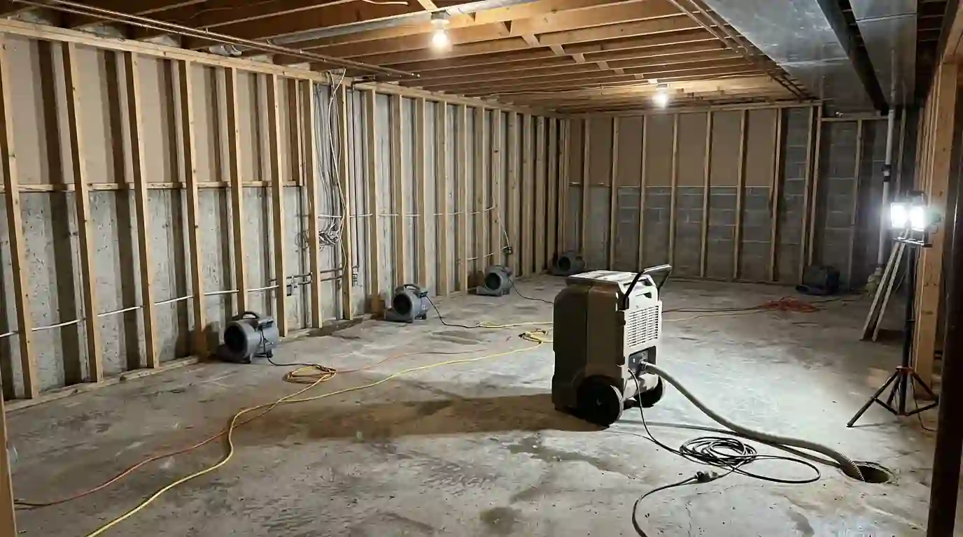 Dried basement framing after a sewage cleanup