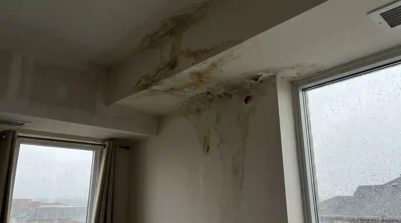 Water stain along a top-floor ceiling below the roof