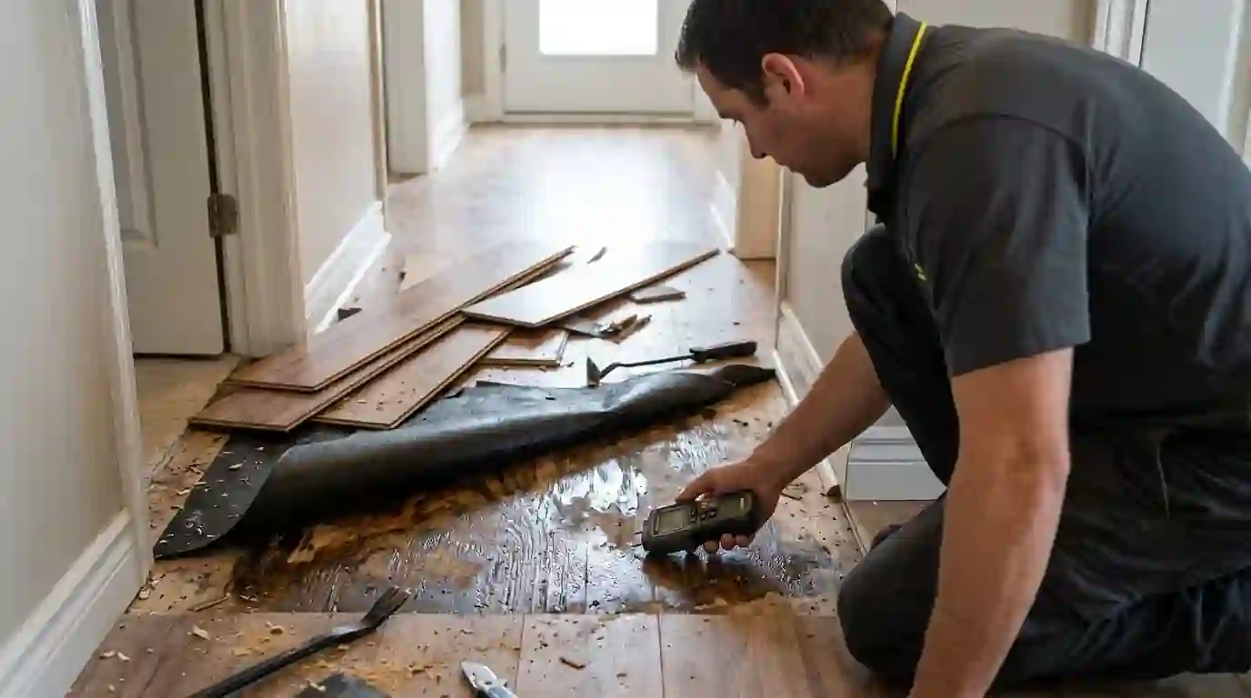 Laminate lifted to show a wet subfloor