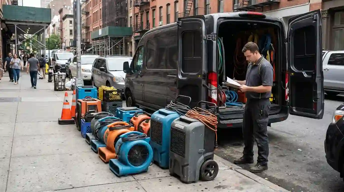 Restoration equipment staged beside a van on a New York street