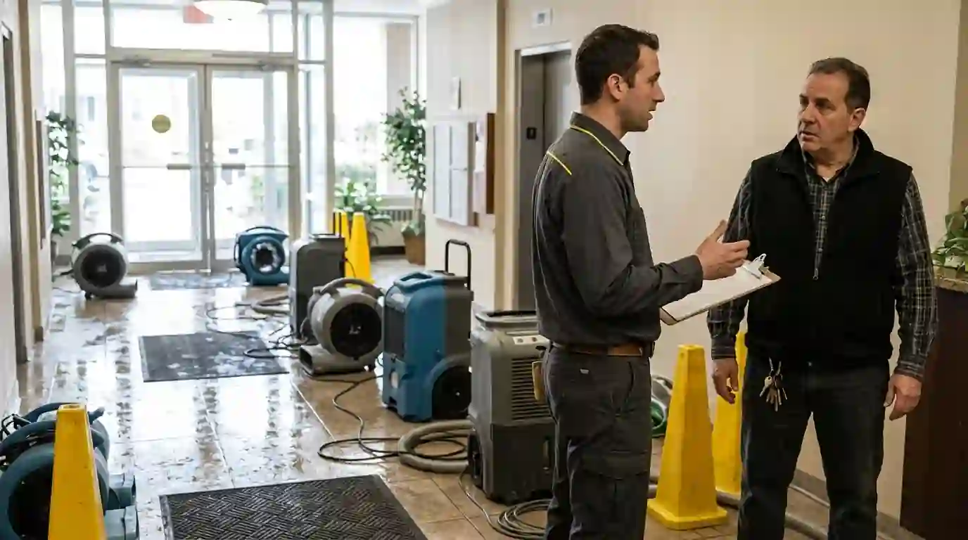 Drying a corridor in a New Rochelle apartment building