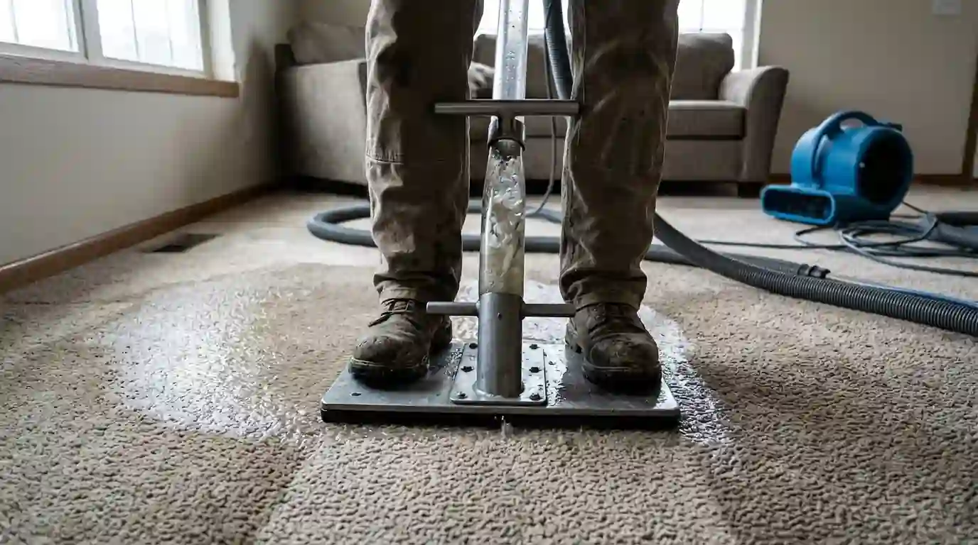 Weighted tool extracting water from wall-to-wall carpet