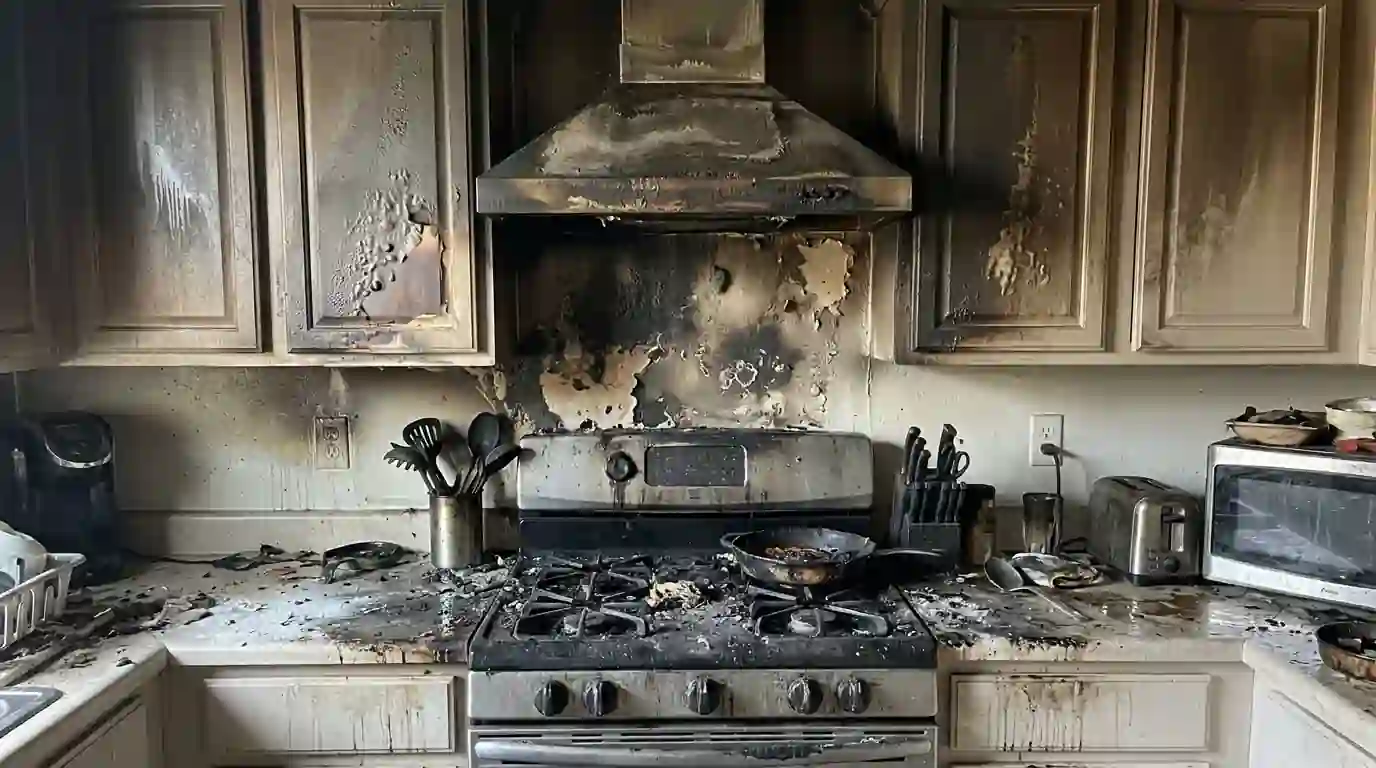 Kitchen with a scorched range hood and soot-covered cabinets