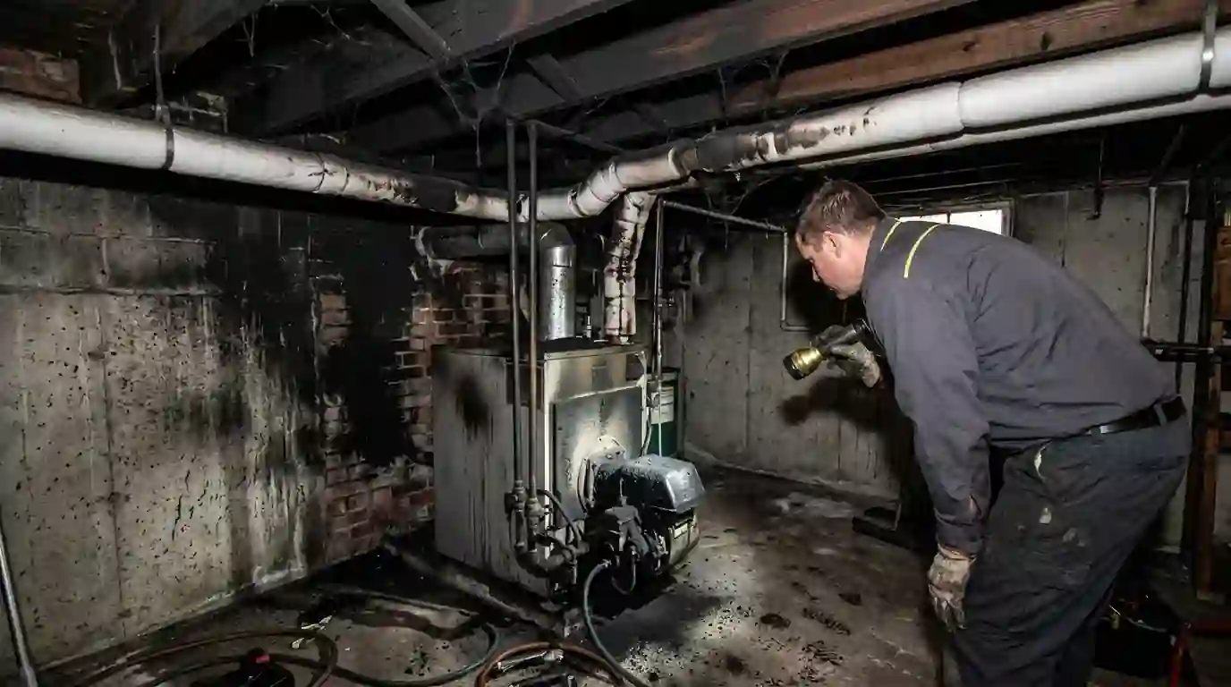 Oil burner and soot-coated boiler room after a puffback