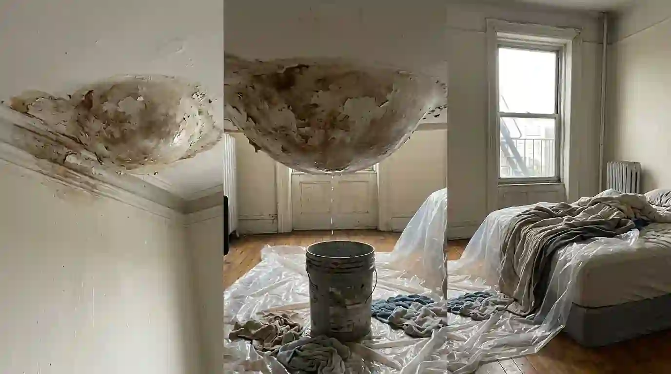 Bulging water-filled ceiling over a protected bedroom floor