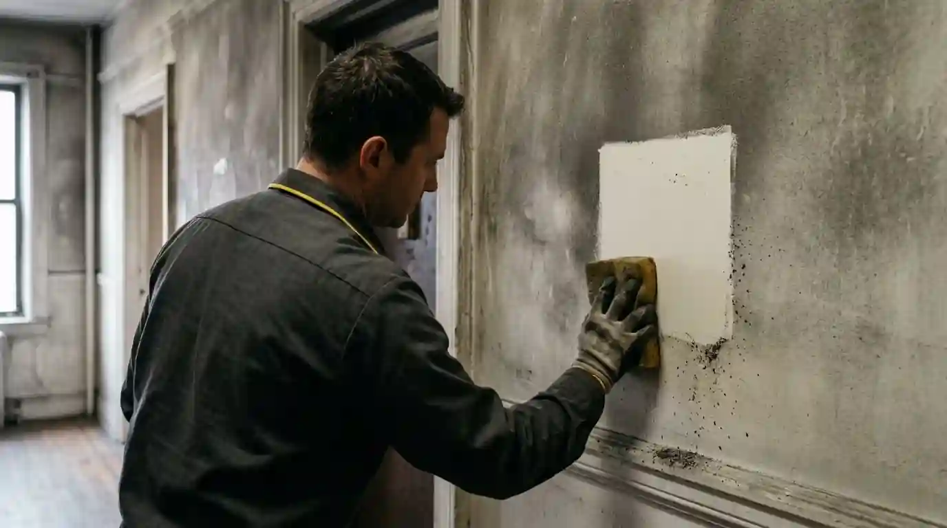 Clean test patch on a soot-darkened apartment wall