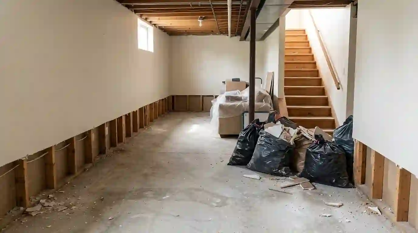 Basement drywall cut out above the flood line