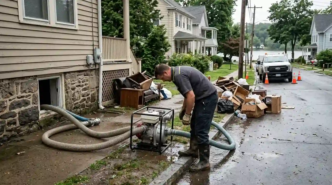 Basement pump-out near a river in southern Westchester