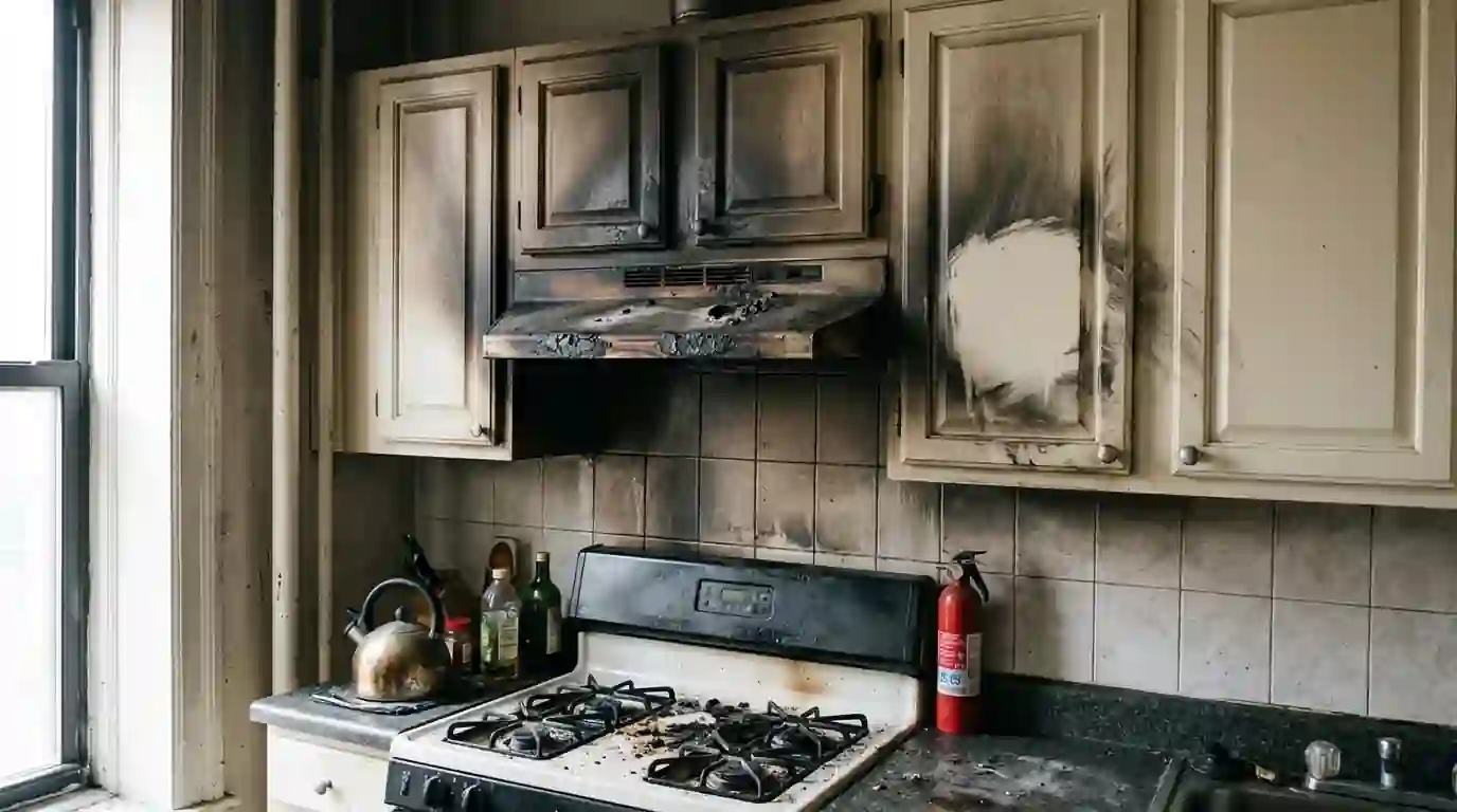 Kitchen with a scorched range hood after a stovetop fire