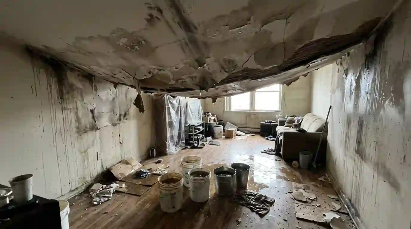 Ceiling below a fire stained by firefighting water