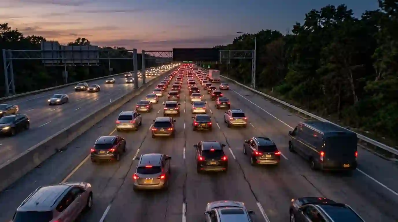 Van heading east on the Long Island Expressway at dusk