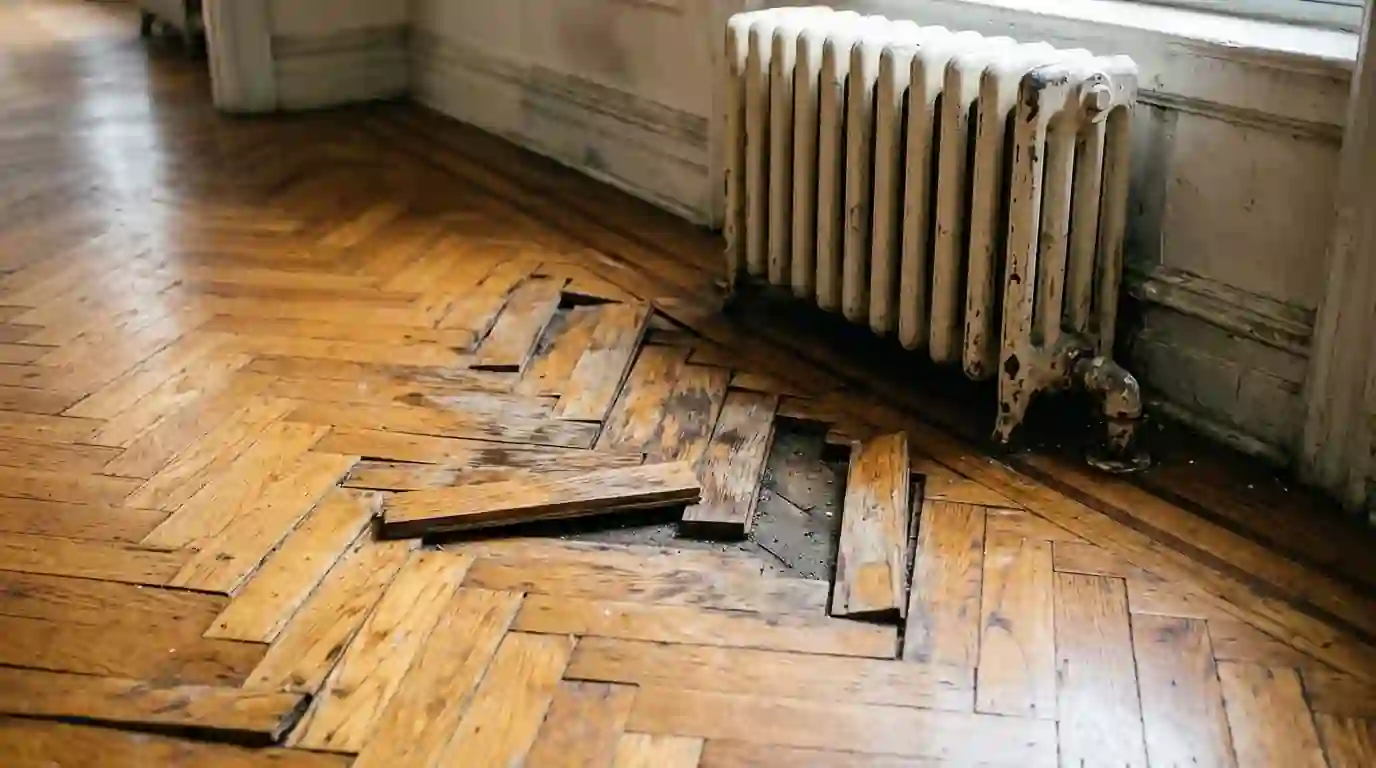 Lifted parquet blocks near a radiator