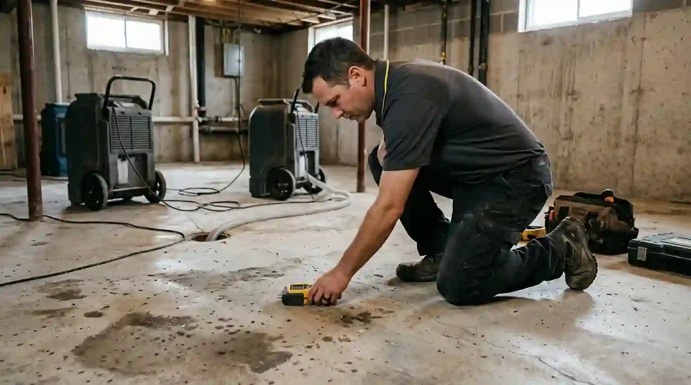 Concrete slab being checked with a moisture meter