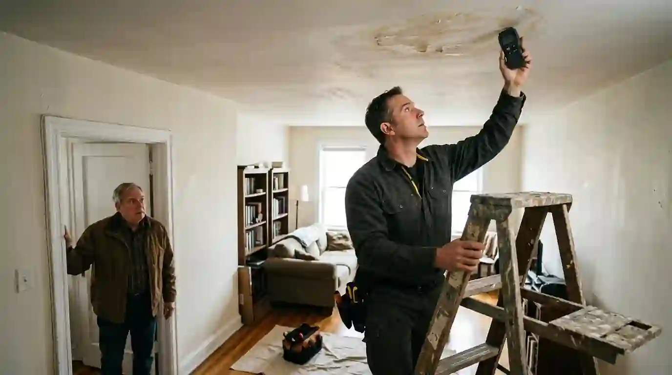 Technician reading moisture in a stained apartment ceiling
