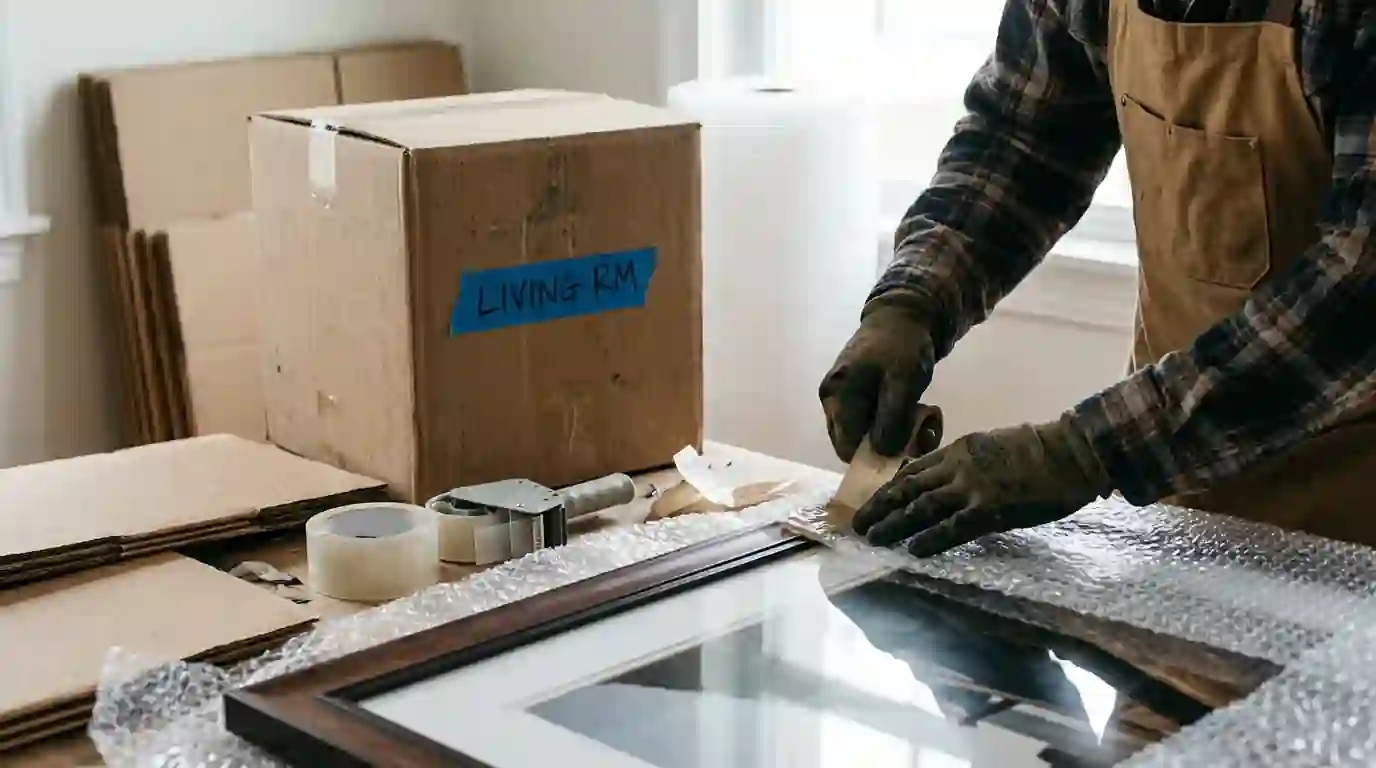 Framed photos being wrapped for a pack-out
