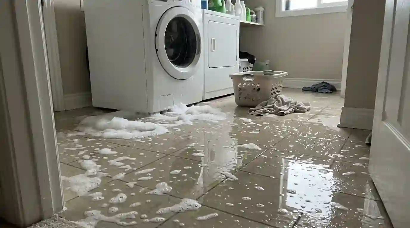 Soapy water pooled after a washing machine overflow