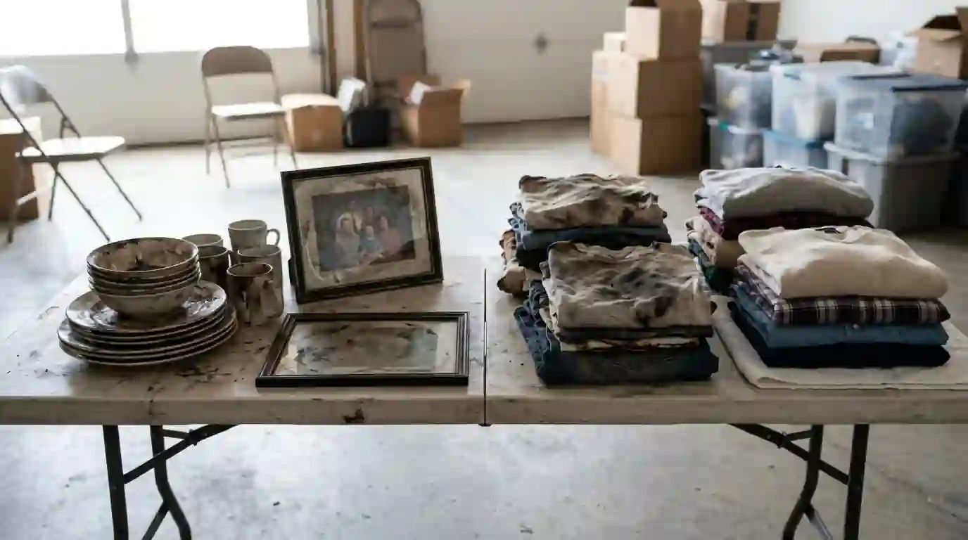 Smoke-damaged belongings sorted for cleaning
