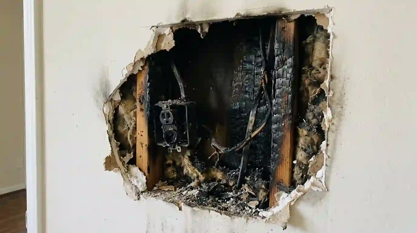 Charred studs and wiring behind a burned outlet
