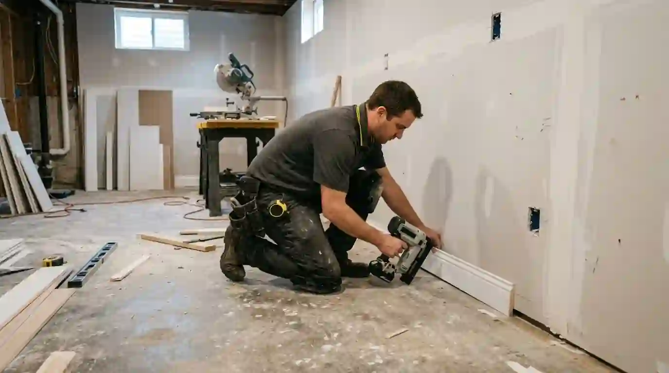 Basement rebuild with drywall held above the slab