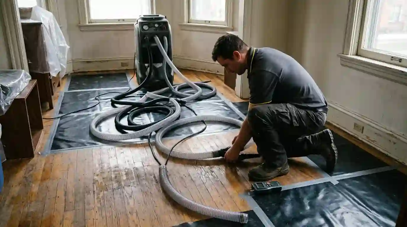 Hardwood drying mats on an oak strip floor