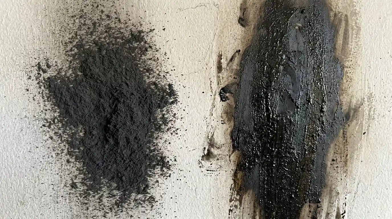 Dry powdery soot beside oily soot residue on a wall