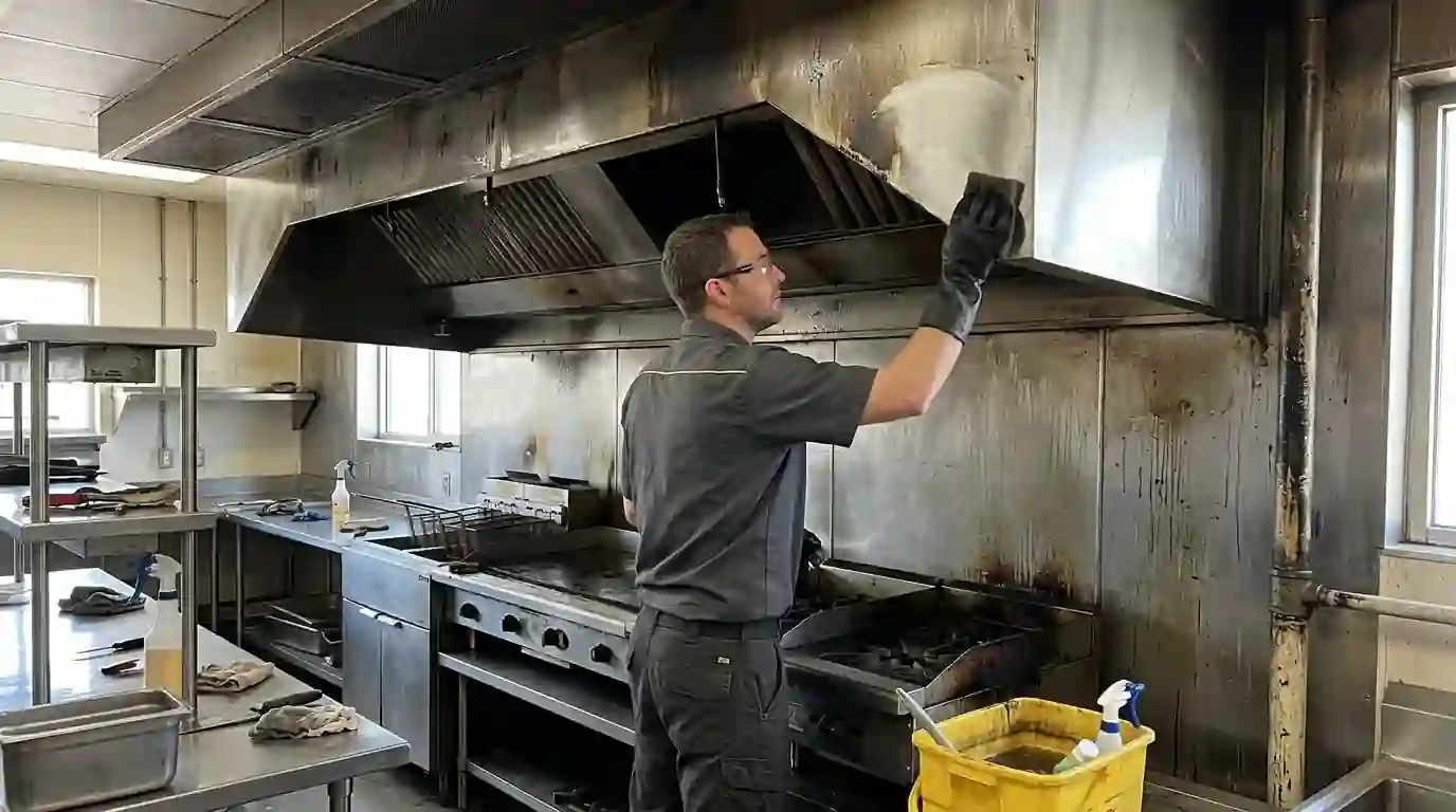 Restaurant kitchen being cleaned after a grease fire