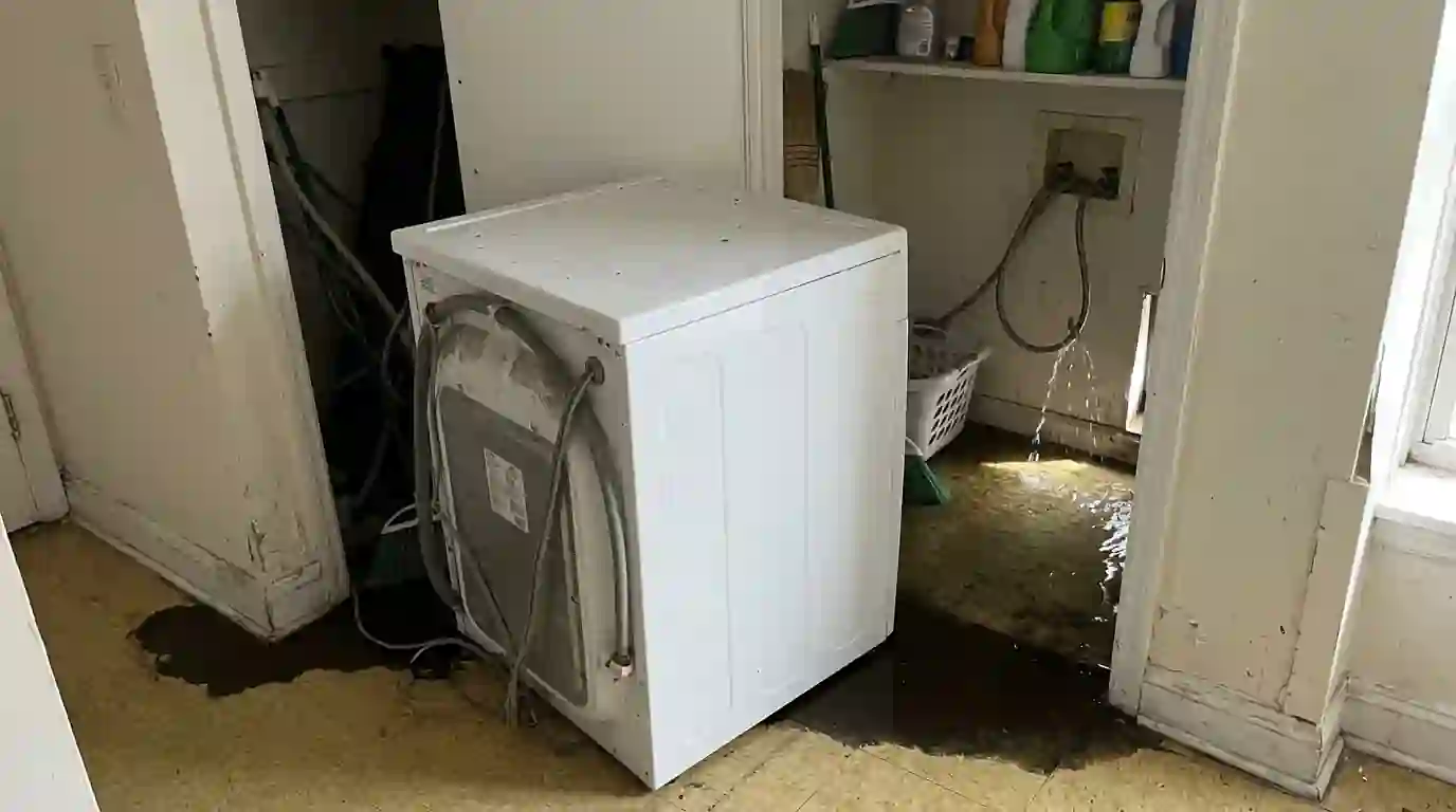 Split washer supply hose with water pooled behind the machine