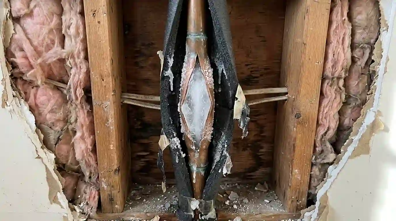 Frozen copper pipe split inside an exterior wall