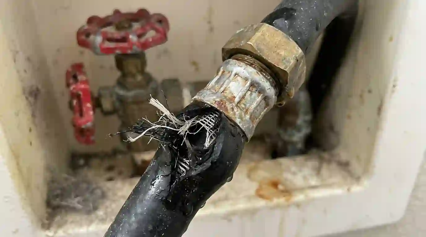 Burst rubber washer hose at the crimp