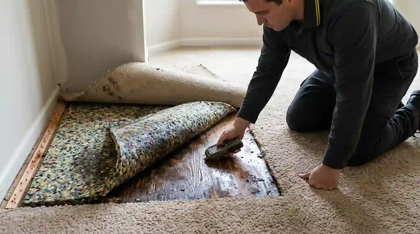 Wet carpet folded back to show a soaked pad