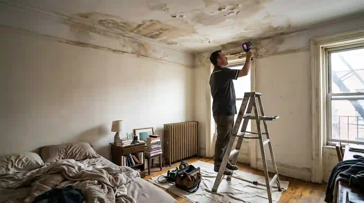 Technician scanning a water-stained plaster ceiling with a thermal camera in a West Village apartment