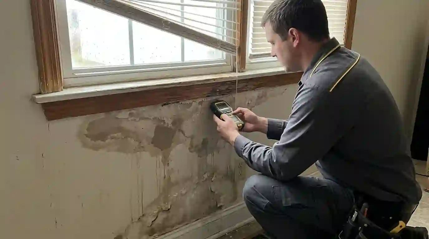 Water-stained wall below a window after wind-driven rain