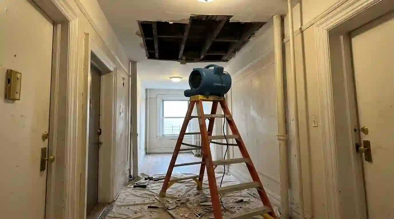 Air mover drying an opened plaster ceiling