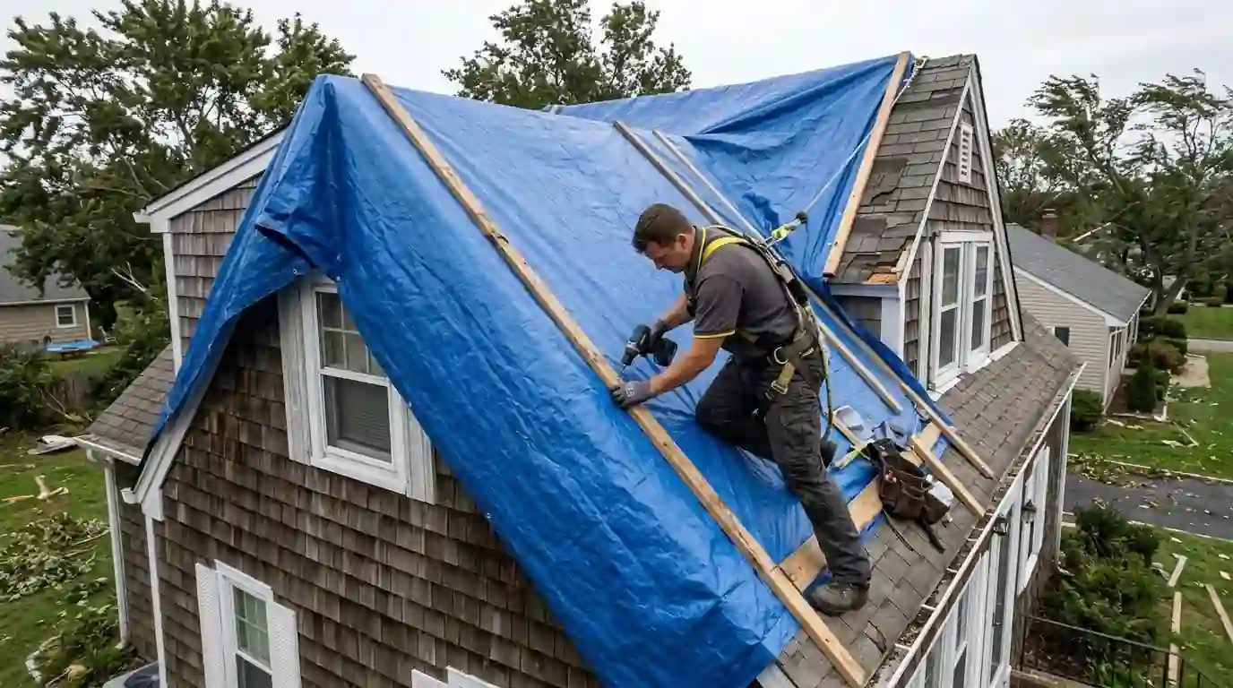 Tarp fastened with wood battens over the ridge of a storm-damaged roof